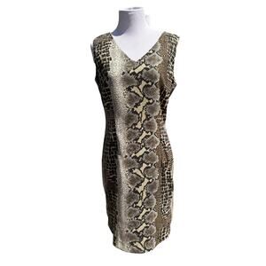 90s John Roberts Snake Skin Print Sleeveless V-Neck Sheath Dress